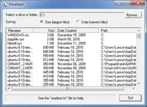 DriveSort - List the Largest or Most Recently Created Files