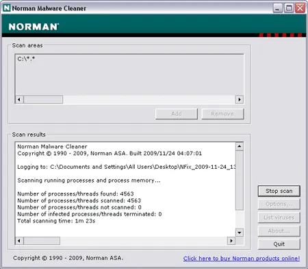 Norman Malware Cleaner in action