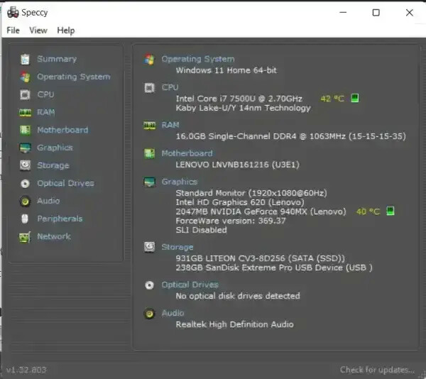 Speccy Portable System Information Tool