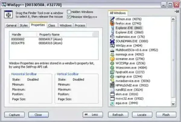 WinSpy showing Windows Properties WinSpy Windows Property Finder