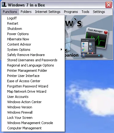 Windows 7 in a Box Functions Menu Example