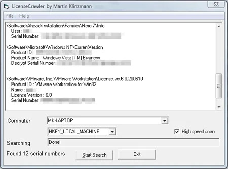 Reveal Product Keys - Licensecrawler