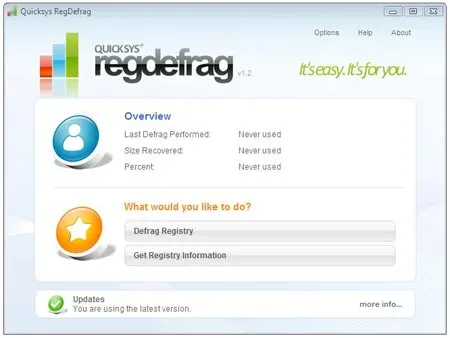 Quicksys RegDefrag Main Screen