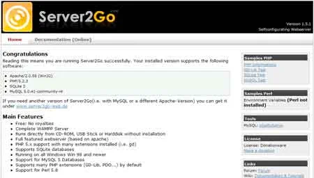 Server2Go menu page