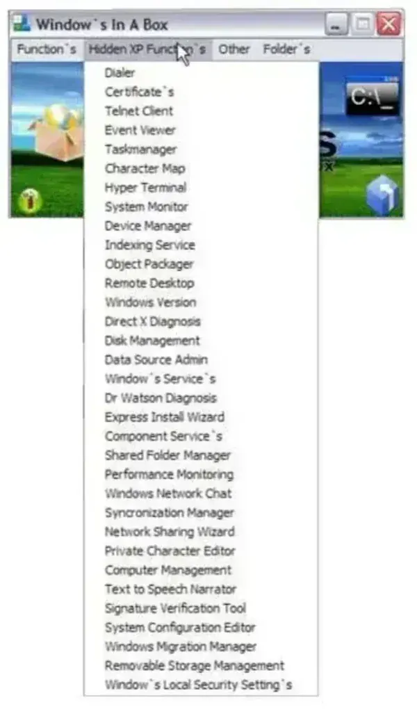 Windows in a Box Windows Hidden Functions